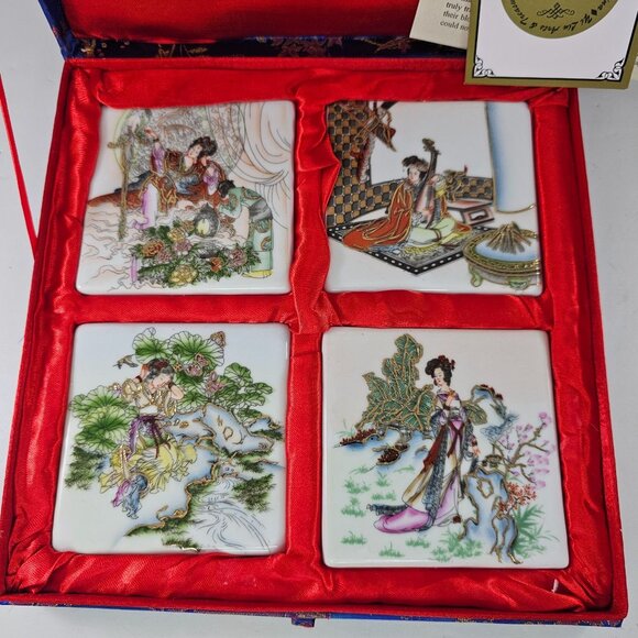 Yi Lin Arts & Treasures Ceramic Tile Coasters Four Maidens Of Beauty Brocade Box - Picture 2 of 9